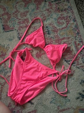 wild fable Neon Pink Ribbed String Bikini Set